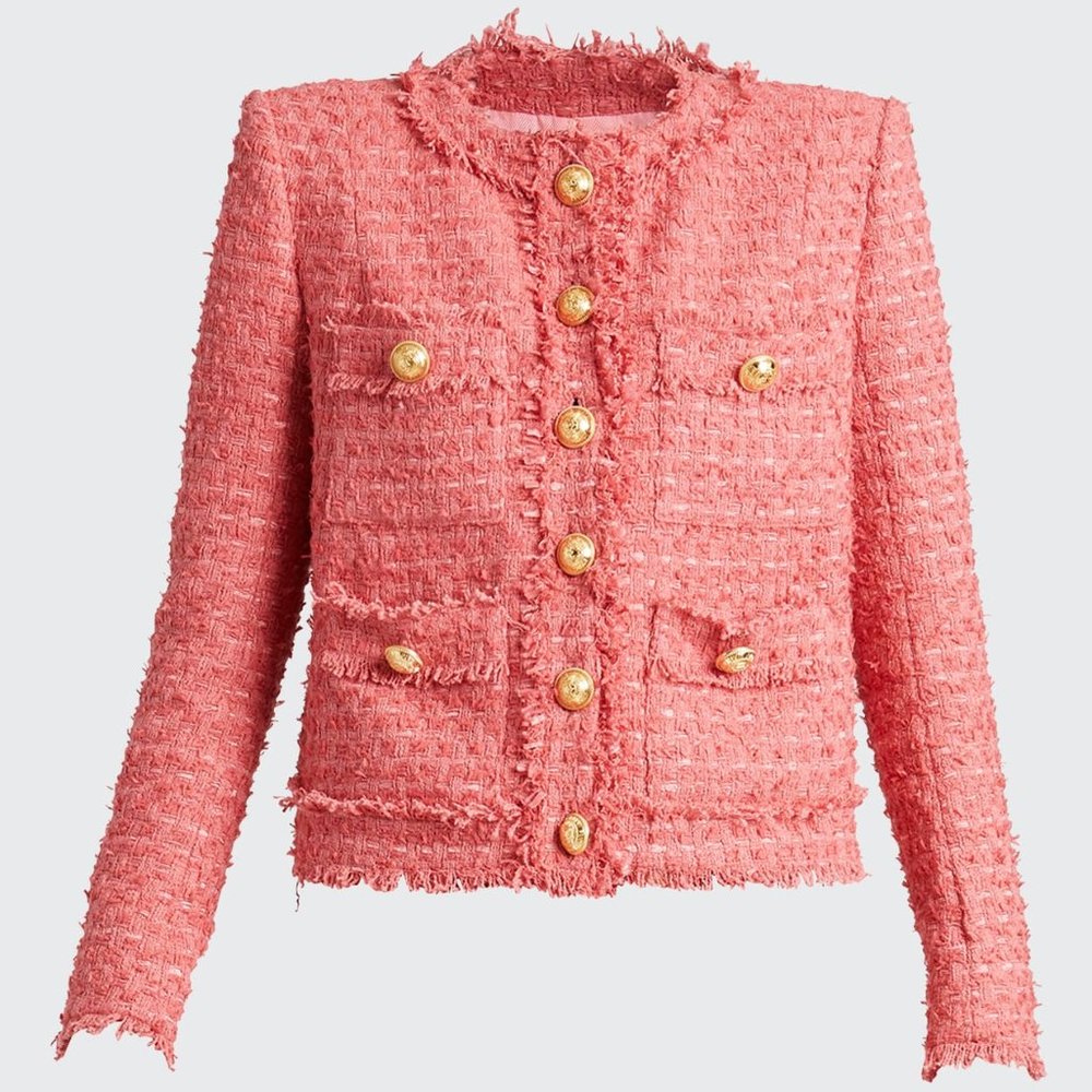 NWT BALMAIN Collarless Tweed Fringe Jacket - Sz 40 EU (8 US)